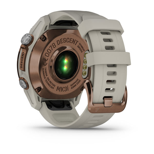 Garmin Descent Mk3i in Bronze titanium, rear view showing the optical sensor and light grey band