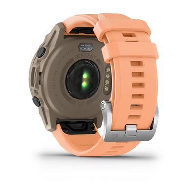 Garmin Descent G2 Paloma, rear view showing the optical sensor and the shell pink band
