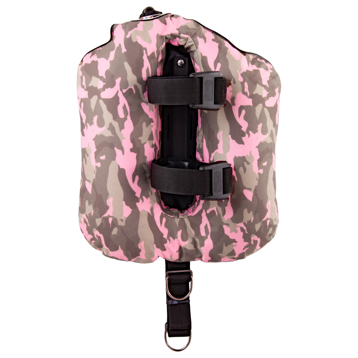 Tecline Peanut 16 Lady Comfort set in camo pink, harness side with the black aluminium backplate