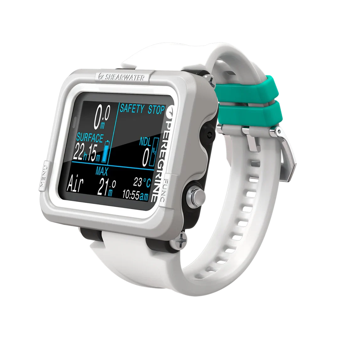 Shearwater Peregrine Adventures Light Edition, angled view with white case and strap and teal strap retainers