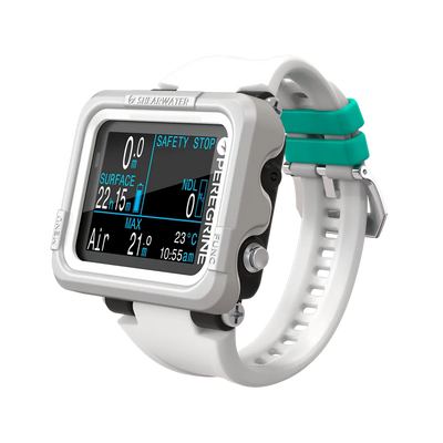 Shearwater Peregrine Adventures Light Edition, angled view with white case and strap and teal strap retainers