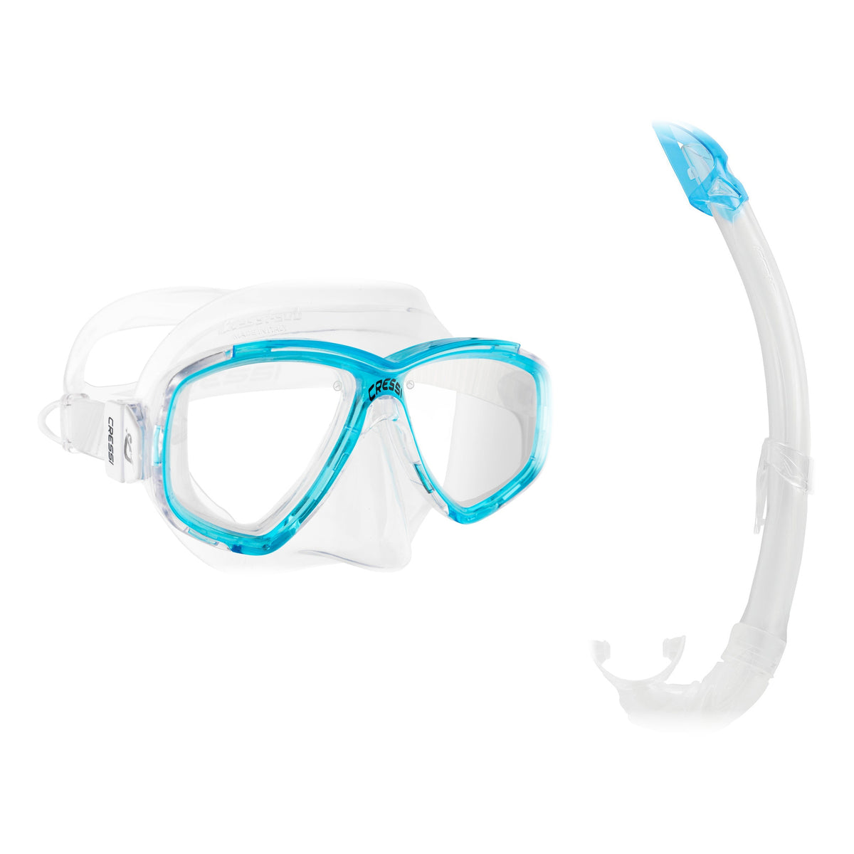Cressi Perla mask in clear with aquamarine and Mexico snorkel in clear with aquamarine