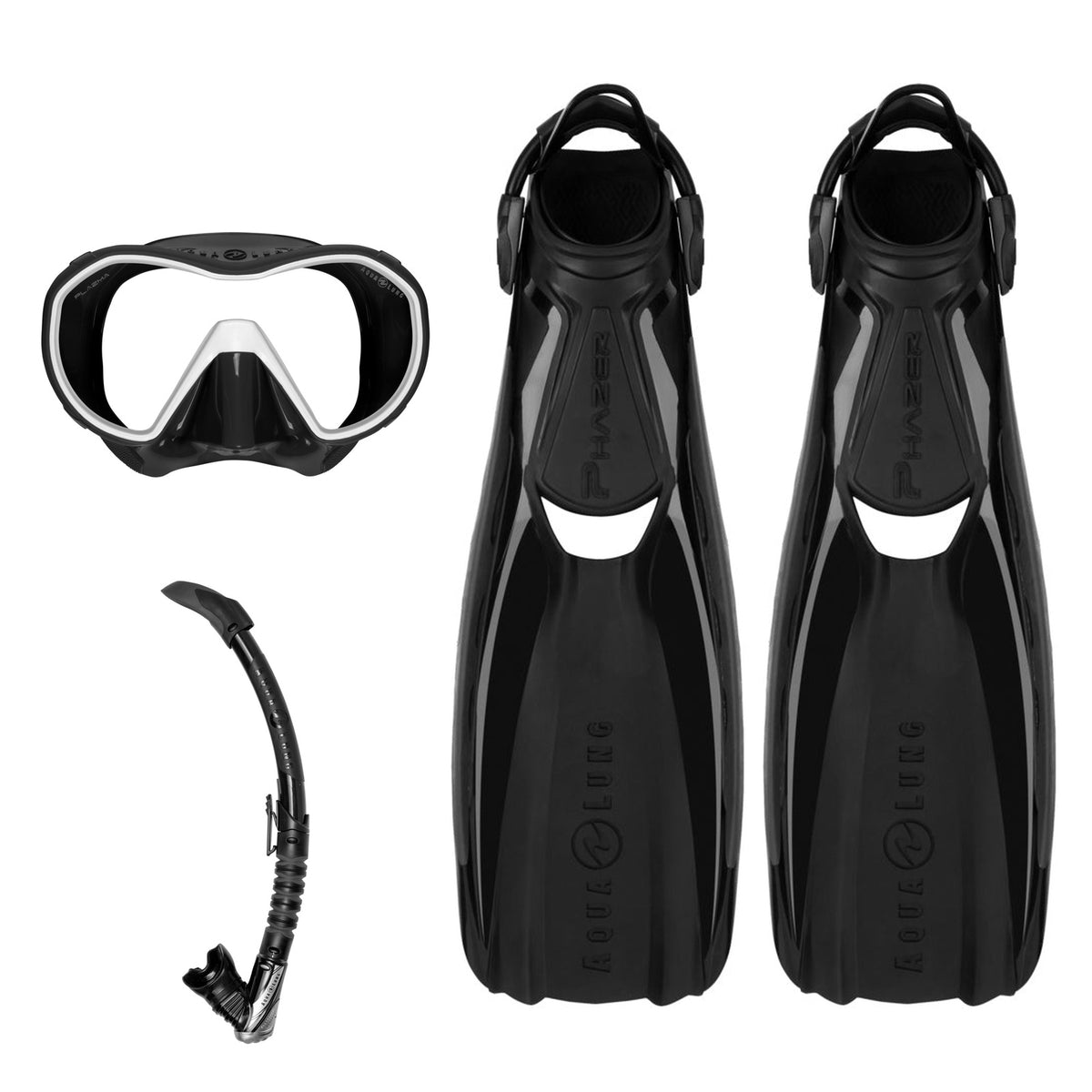Aqua Lung Phazer fins in black, Plazma mask in black and white, and Zephyr Flex snorkel in black