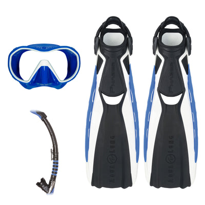 Aqua Lung Phazer fins in blue and white, Plazma mask in blue, and Zephyr Flex snorkel in black and blue