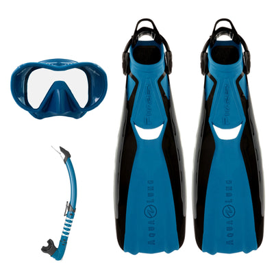 Aqua Lung Phazer fins in black and petrol, Plazma mask in petrol, and Zephyr Flex snorkel in petrol and white