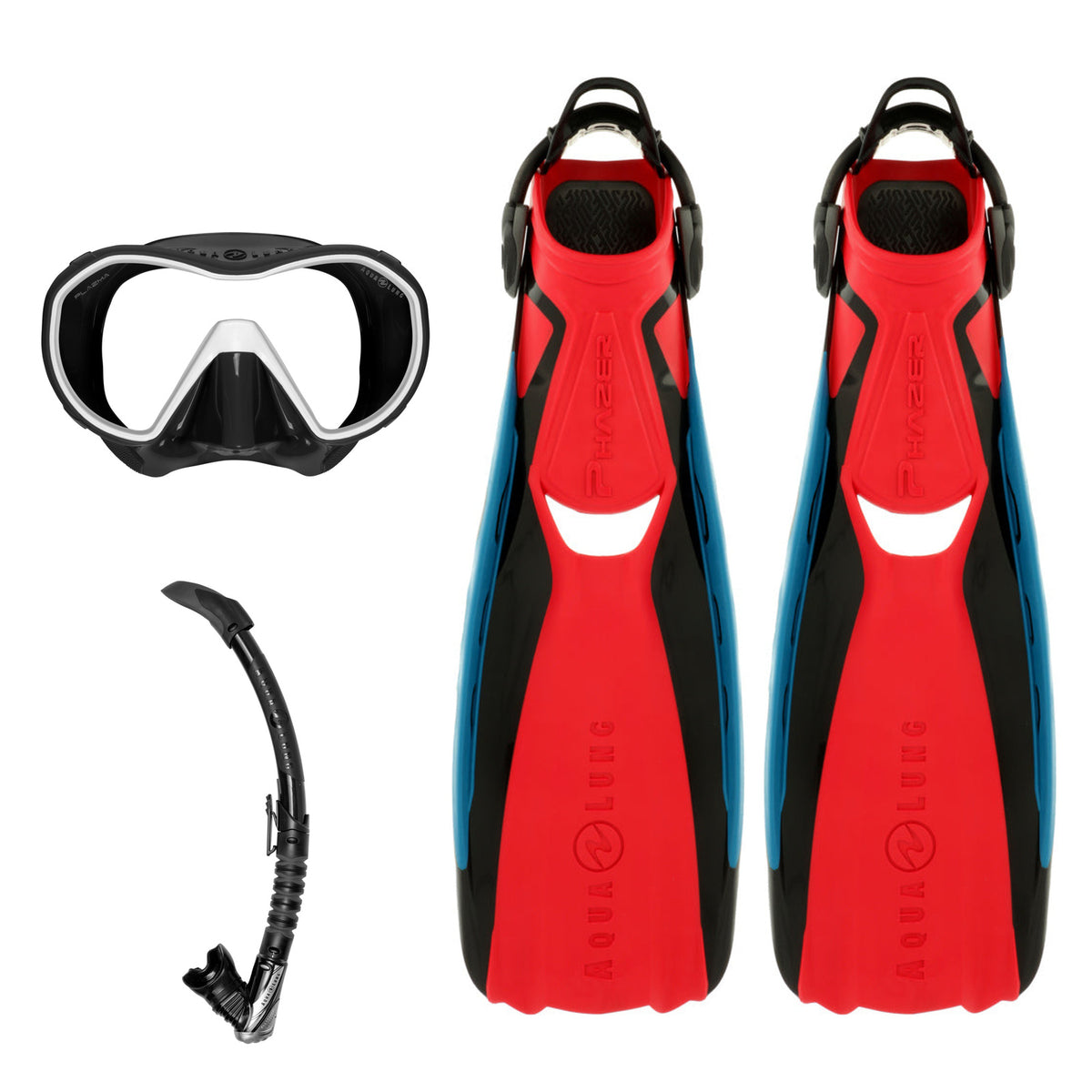 Aqua Lung Phazer fins in black and red, Plazma mask in black and white, and Zephyr Flex snorkel in black