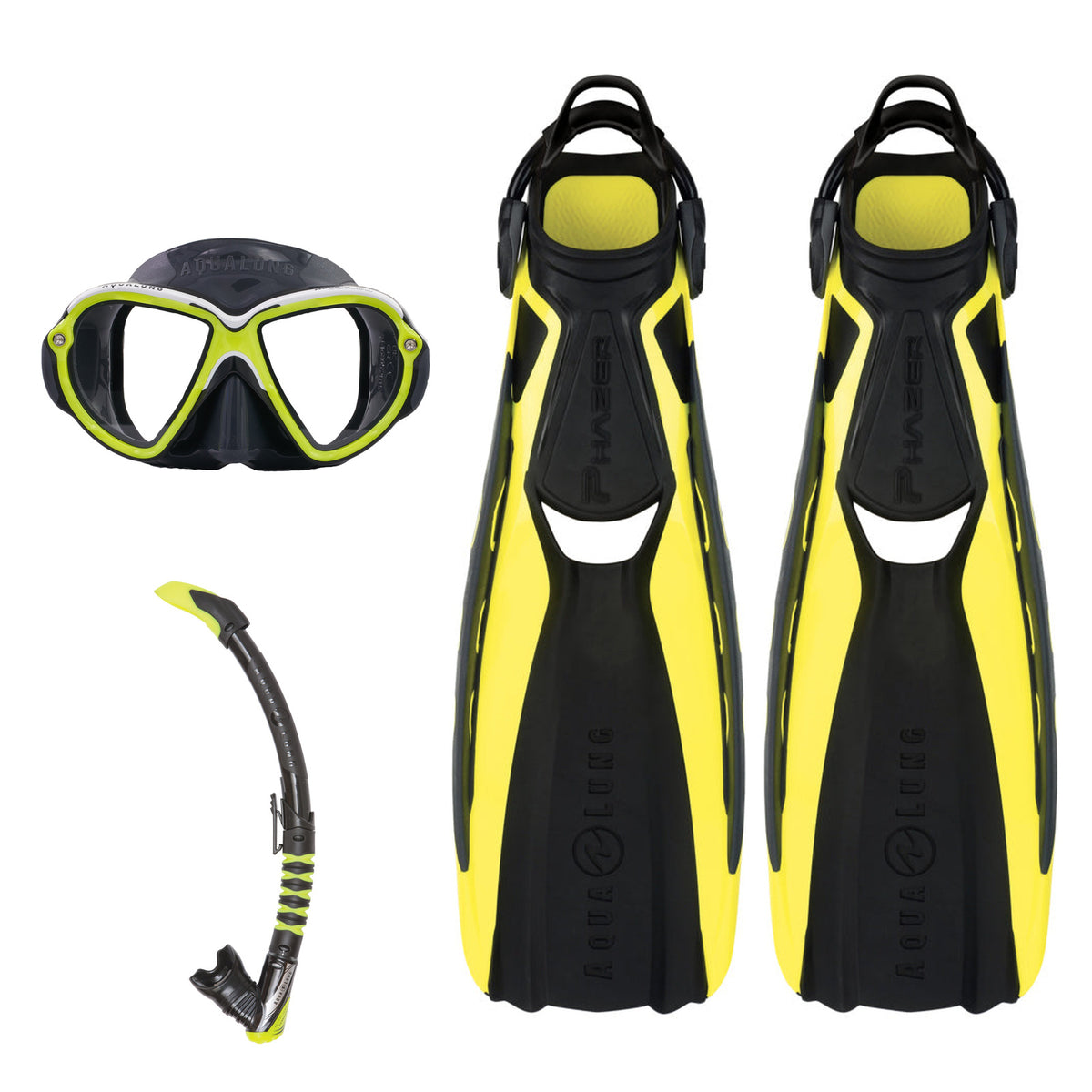 Aqua Lung Reveal Ultrafit mask in asphalt and yellow, Phazer fins in yellow and black, and Zephyr Flex snorkel in black and lime