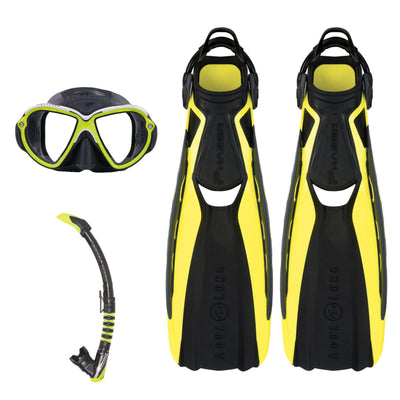 Aqua Lung Reveal Ultrafit mask in asphalt and yellow, Phazer fins in yellow and black, and Zephyr Flex snorkel in black and lime
