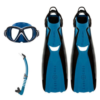 Aqua Lung Reveal Ultrafit mask in petrol and white, Phazer fins in black and petrol, and Zephyr Flex snorkel in petrol and white