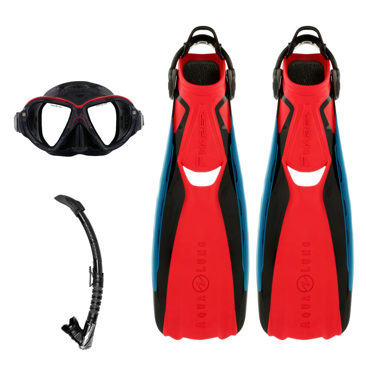 Aqua Lung Reveal Ultrafit mask in black and red, Phazer fins in black and red, and Zephyr Flex snorkel in black