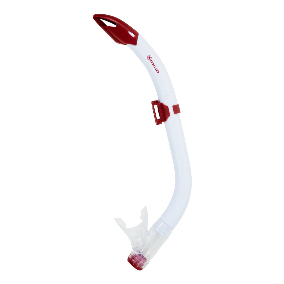 Aqua Lung Pike snorkel in white with a brick red splash guard, side view showing the purge valve below the mouthpiece