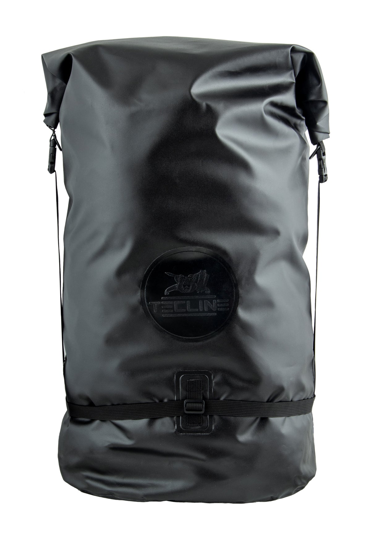 Tecline S-Tech Extream 100 L backpack in black, front view with roll-top closed