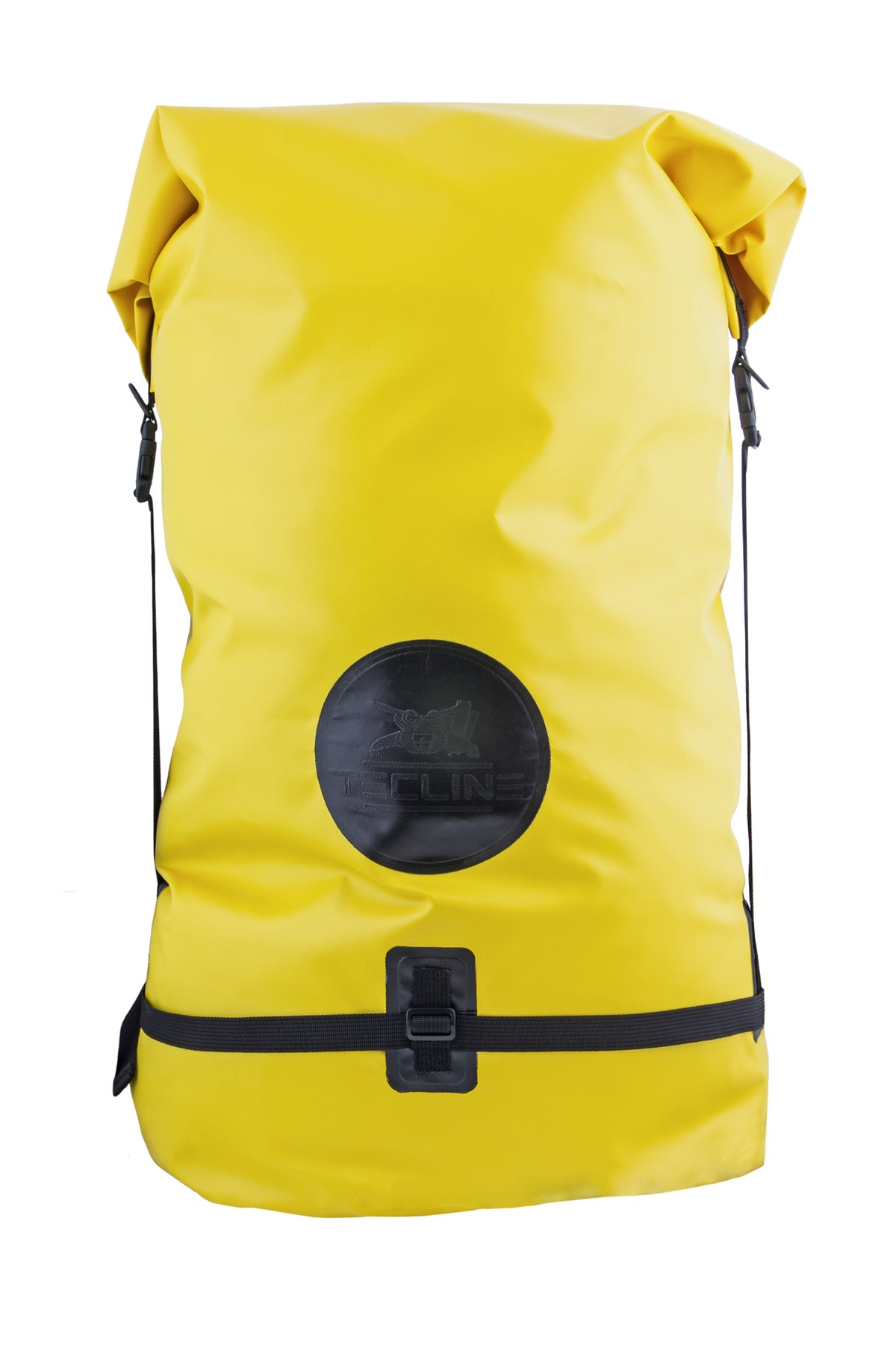 Tecline S-Tech Extream 100 L backpack in black, front view with roll-top closed