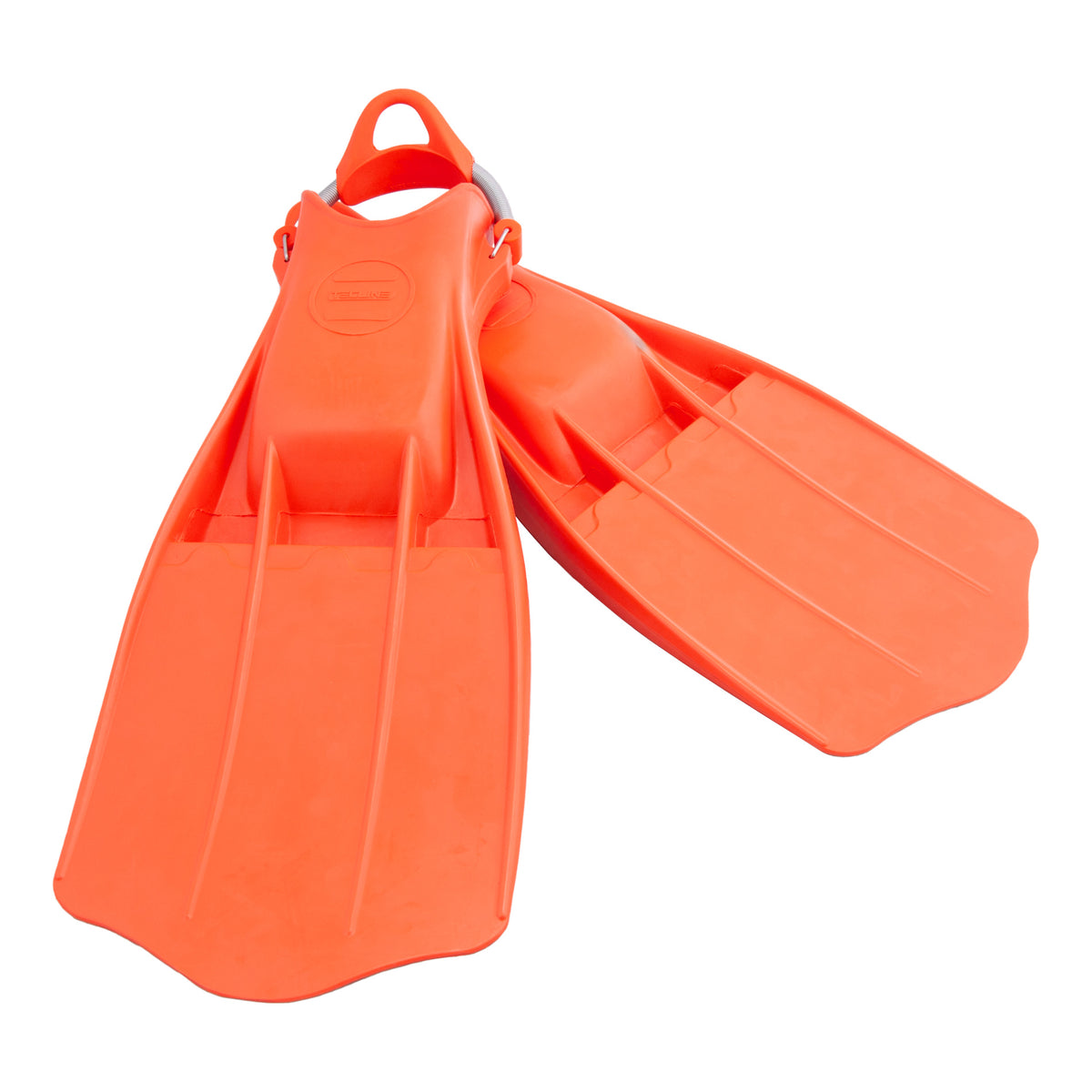 Tecline Jetstream rubber jet fins in orange with stainless steel spring straps