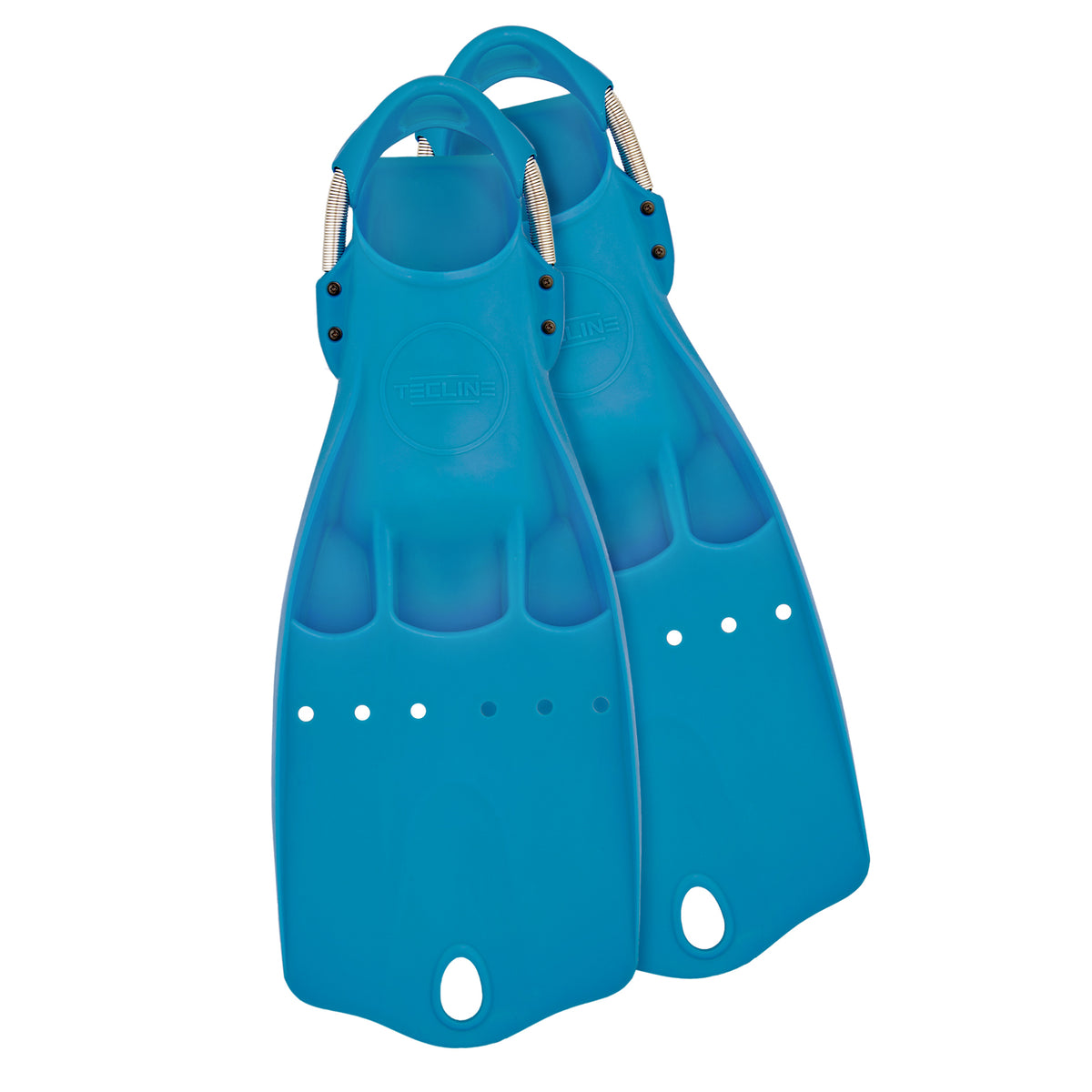 Tecline LightJet open heel fins in turquoise with stainless steel spring straps