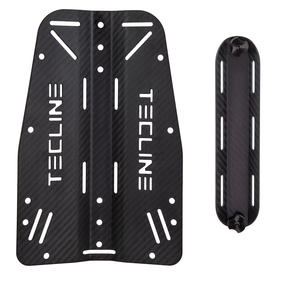 Tecline carbon standard backplate beside its carbon single tank adapter