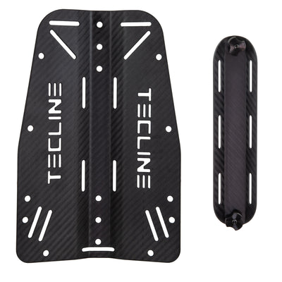 Tecline carbon standard backplate beside its carbon single tank adapter