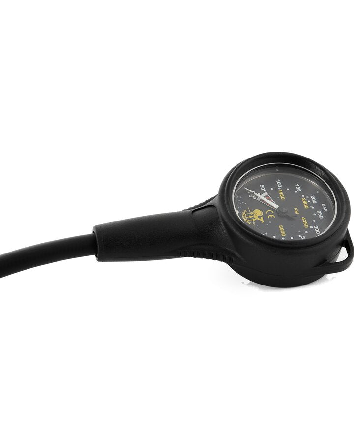 Poseidon Cirrus pressure gauge with black dial and fluorescent numbers on its hose