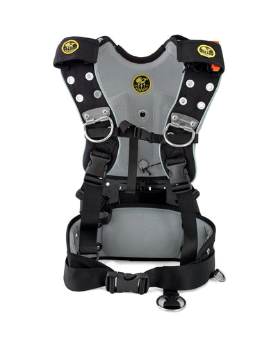 Poseidon One Harness in black with grey padding, front view
