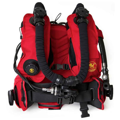Poseidon Rebreather BCD in red and black with integrated counterlungs and hoses