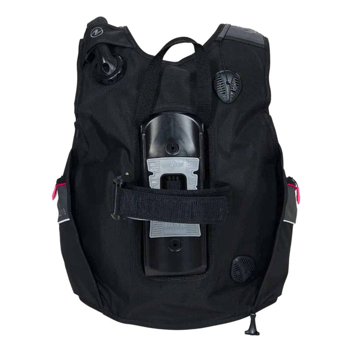 Aqua Lung Pro HD women's buoyancy compensator, rear view showing the black bladder, backplate and tank band
