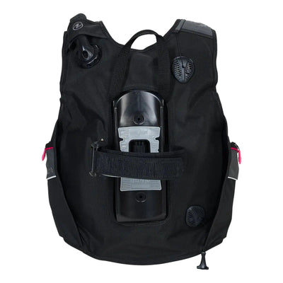 Aqua Lung Pro HD women's buoyancy compensator, rear view showing the black bladder, backplate and tank band