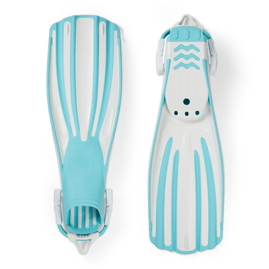 Pair of Fourth Element Rec fins in aqua and white, shown blade up and foot pocket up