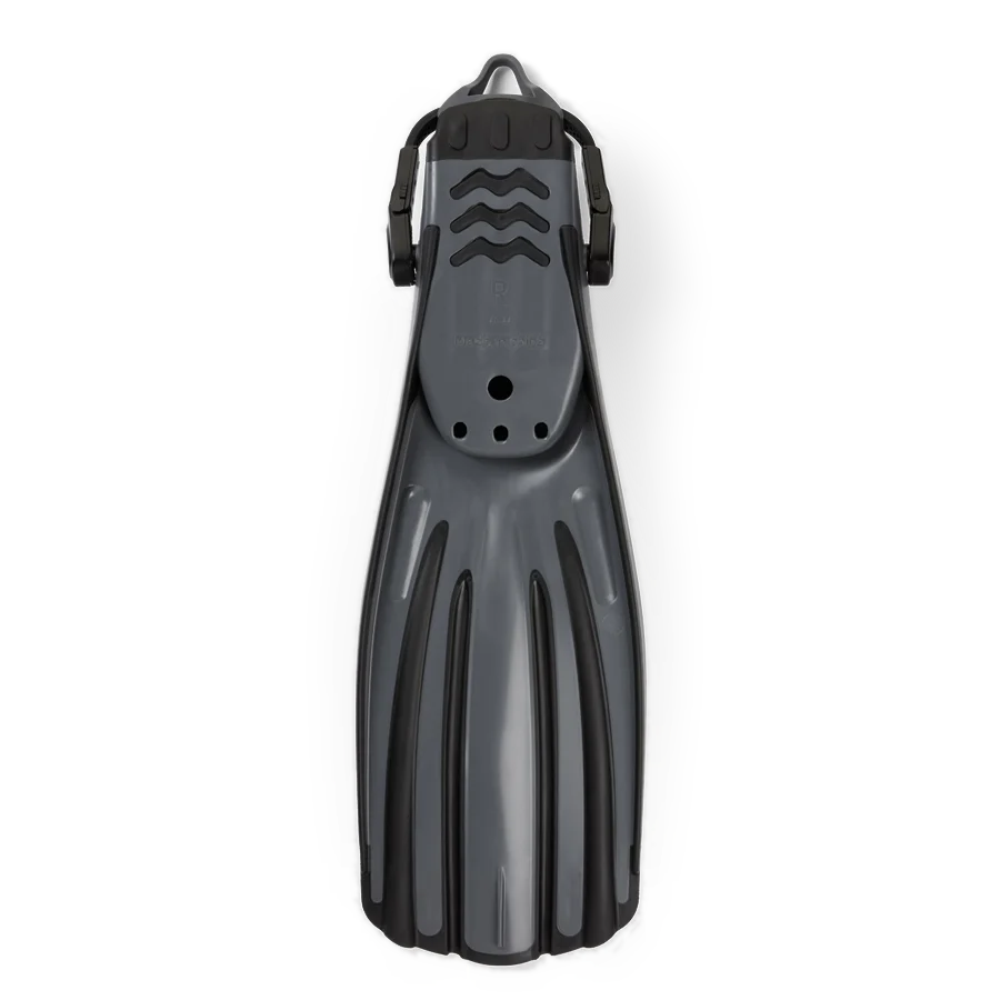 Pair of Fourth Element Rec fins in black and grey, shown blade up and foot pocket up