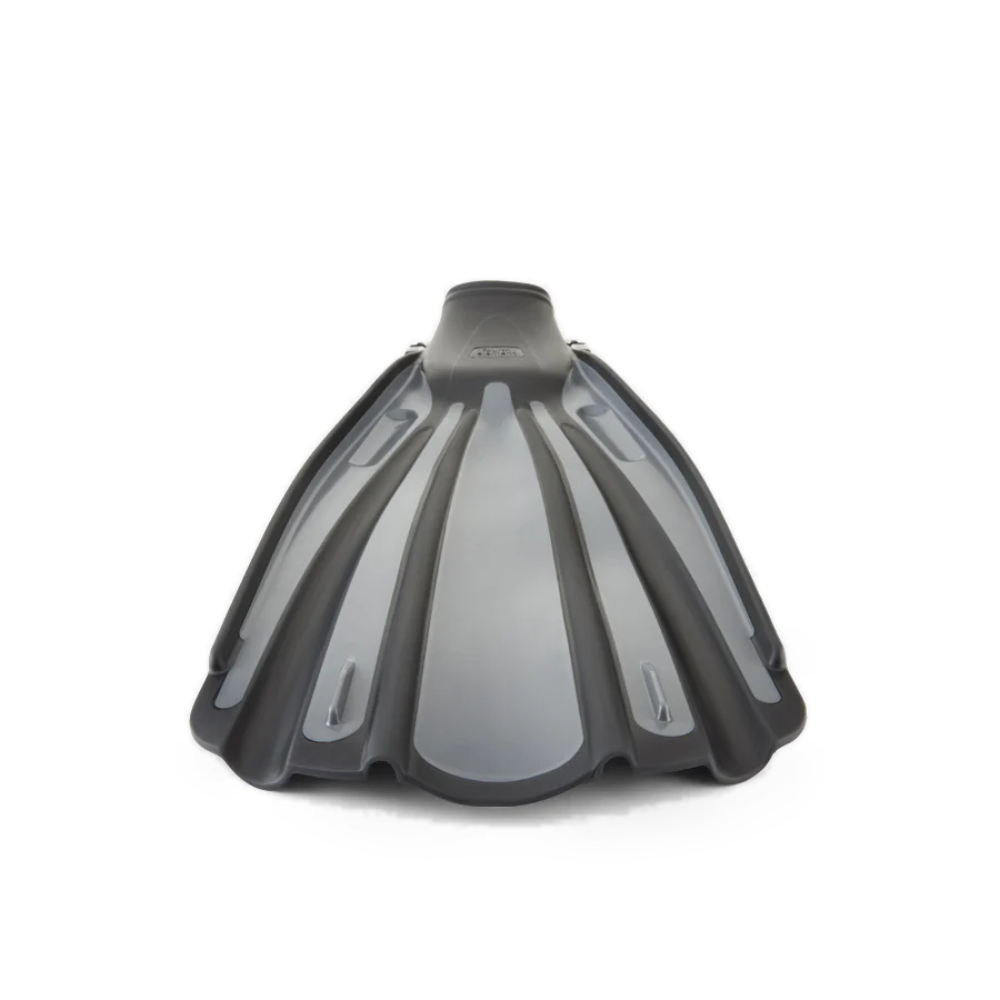 Pair of Fourth Element Rec fins in black and grey, shown blade up and foot pocket up