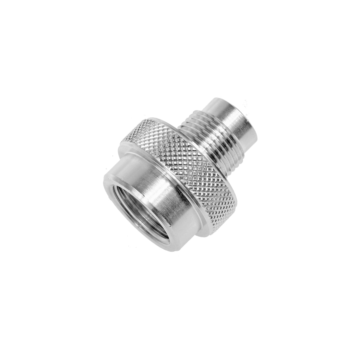 Tecline adapter with G5/8 DIN male thread and knurled collar, M26x2 female side