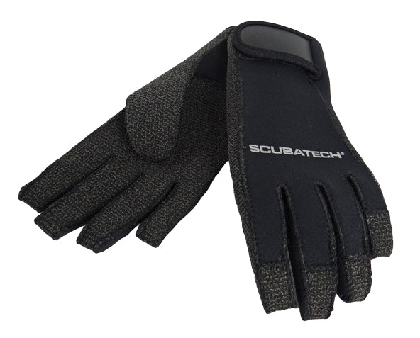 Scubatech 2.5 mm Kevlar dive gloves in black with Kevlar-reinforced palm and fingers