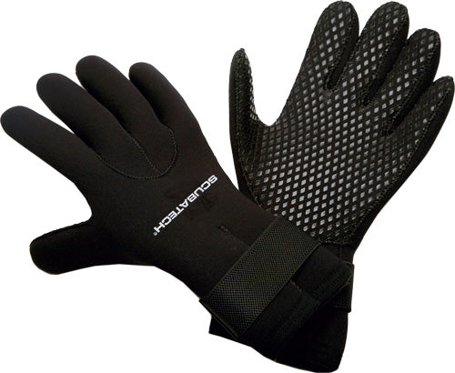 Scubatech 5 mm neoprene dive gloves in black with rubber grip palm and Velcro wrist strap
