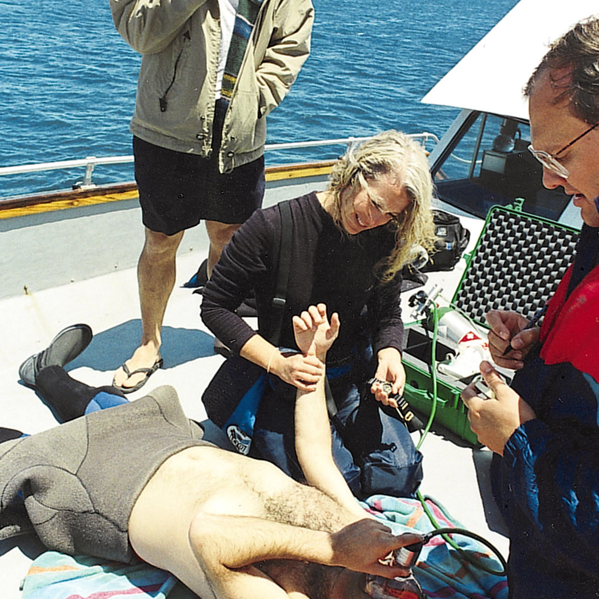 Rescue Diver scenario being practised on a dive boat