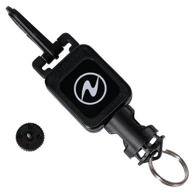 Aqua Lung compact retractor in black with a combo mount, threaded stud and split ring