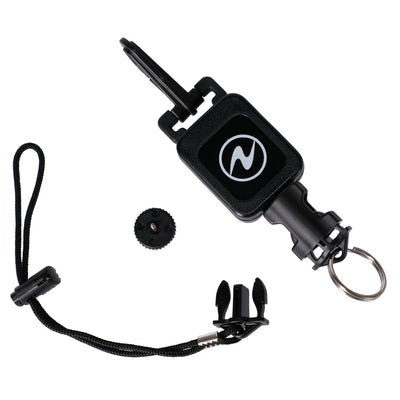 Aqua Lung console retractor in black with a heavy-duty snap clip, lanyard cord and mounting hardware