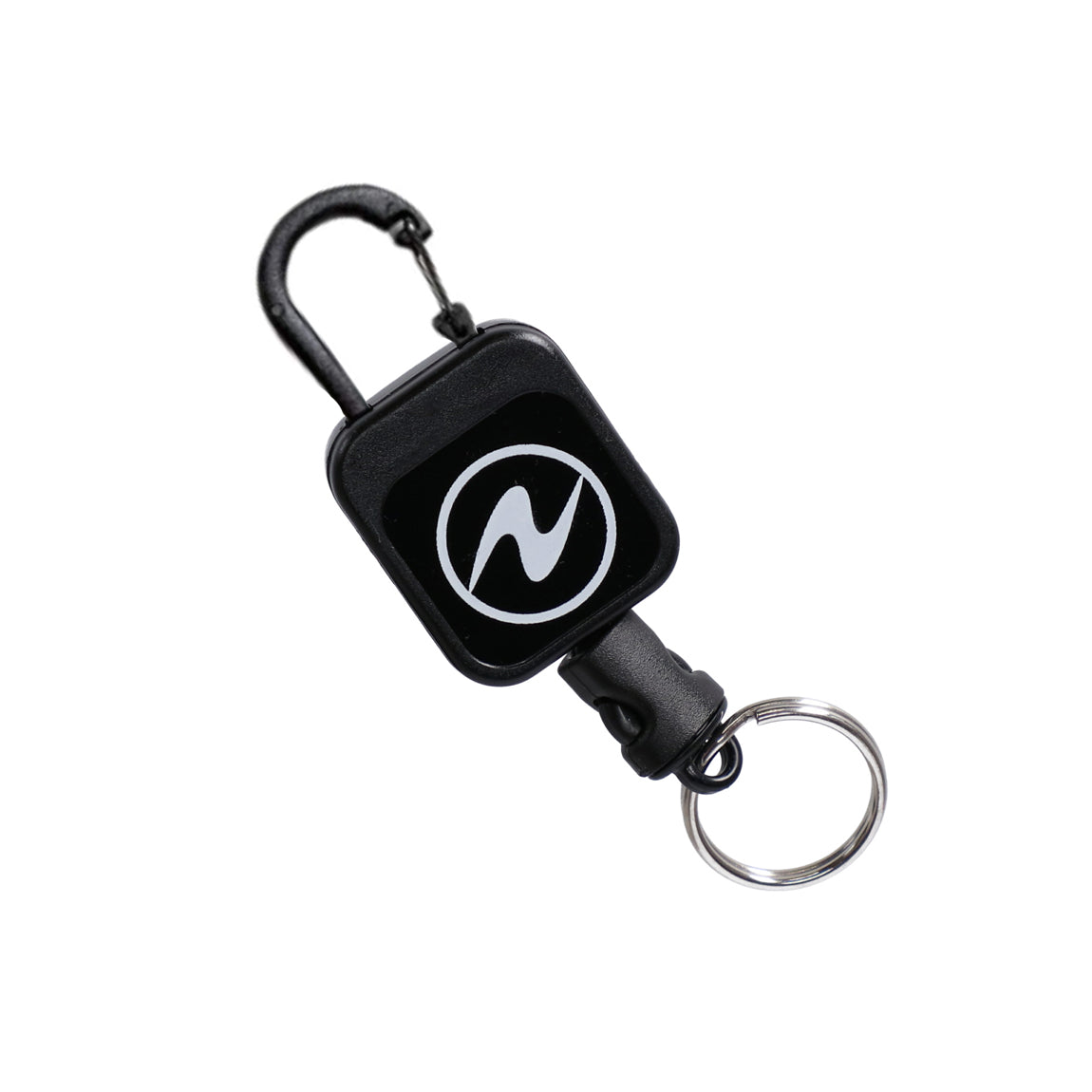 Aqua Lung micro retractor in black with a carabiner clip and a split ring on the retracting line