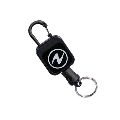 Aqua Lung micro retractor in black with a carabiner clip and a split ring on the retracting line