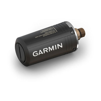 Garmin Descent T2 transceiver at an angle showing the Garmin logo and end cap
