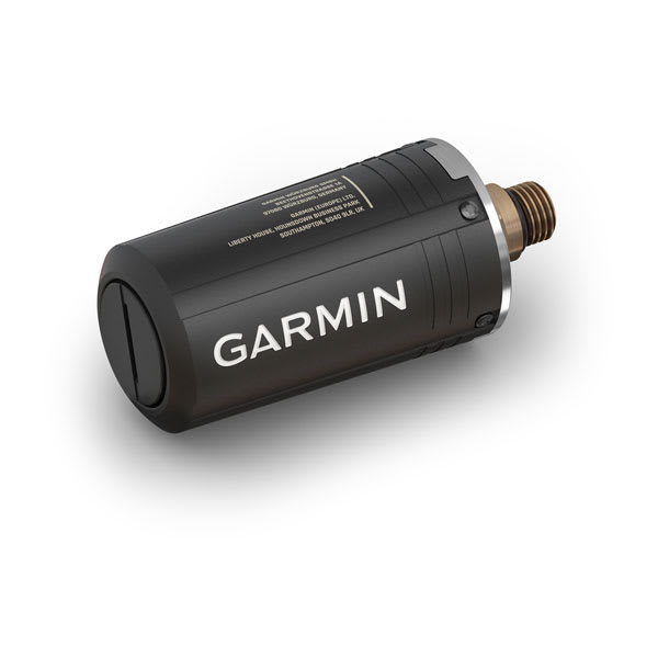 Garmin Descent T2 transceiver at an angle showing the Garmin logo and end cap