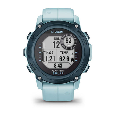 Garmin Descent G1 Solar Ocean Edition dive computer in azure, right side profile