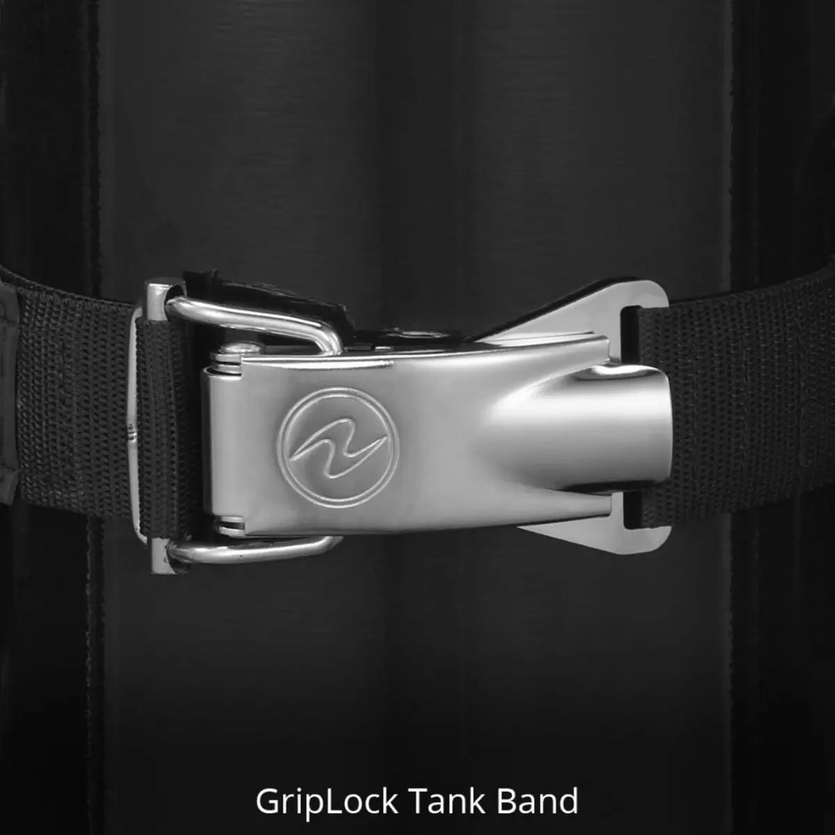 Aqua Lung GripLock tank band on the Rogue buoyancy compensator, close view of the stainless cam lever closed