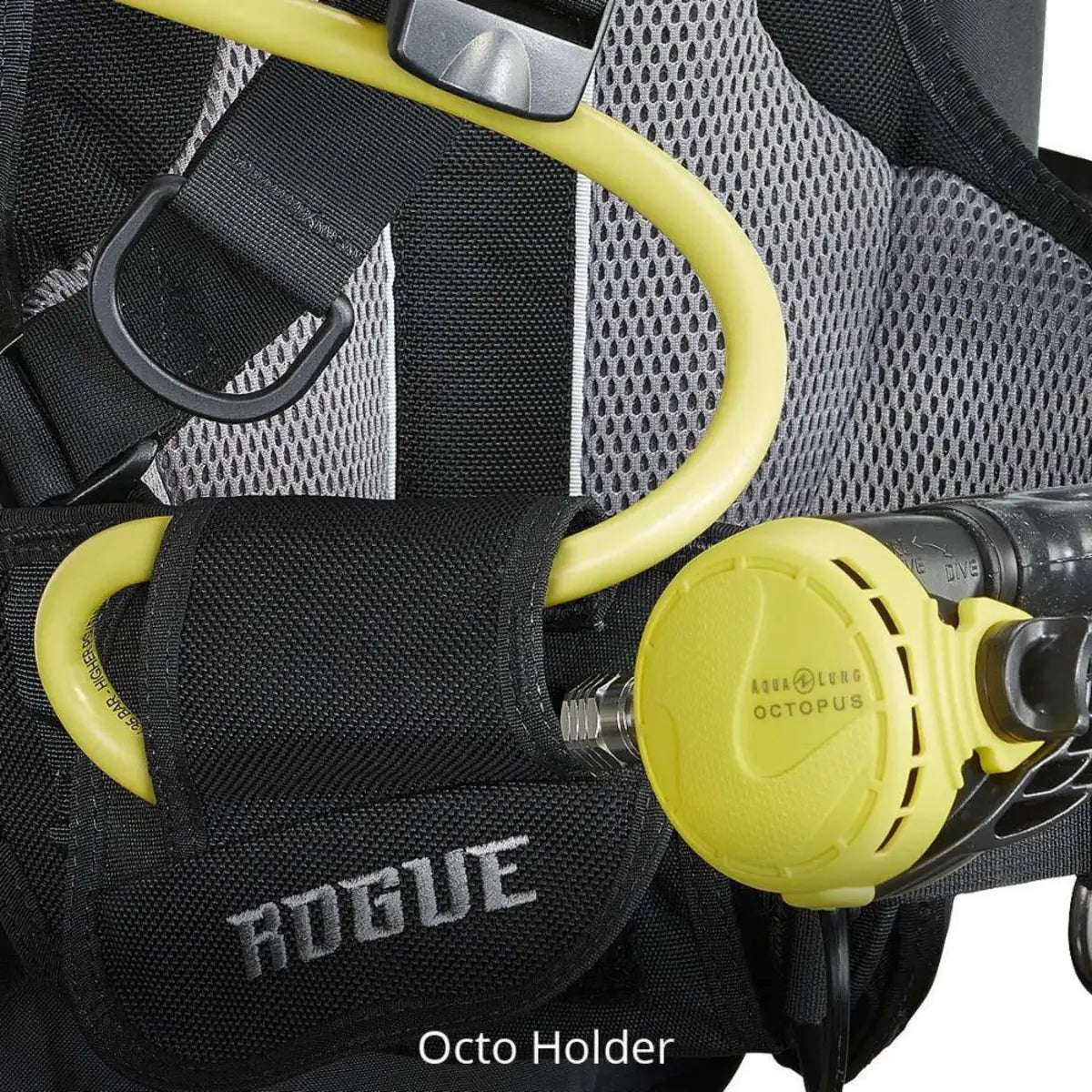 Aqua Lung Rogue buoyancy compensator octopus holder, a yellow second stage clipped to the moulded pocket