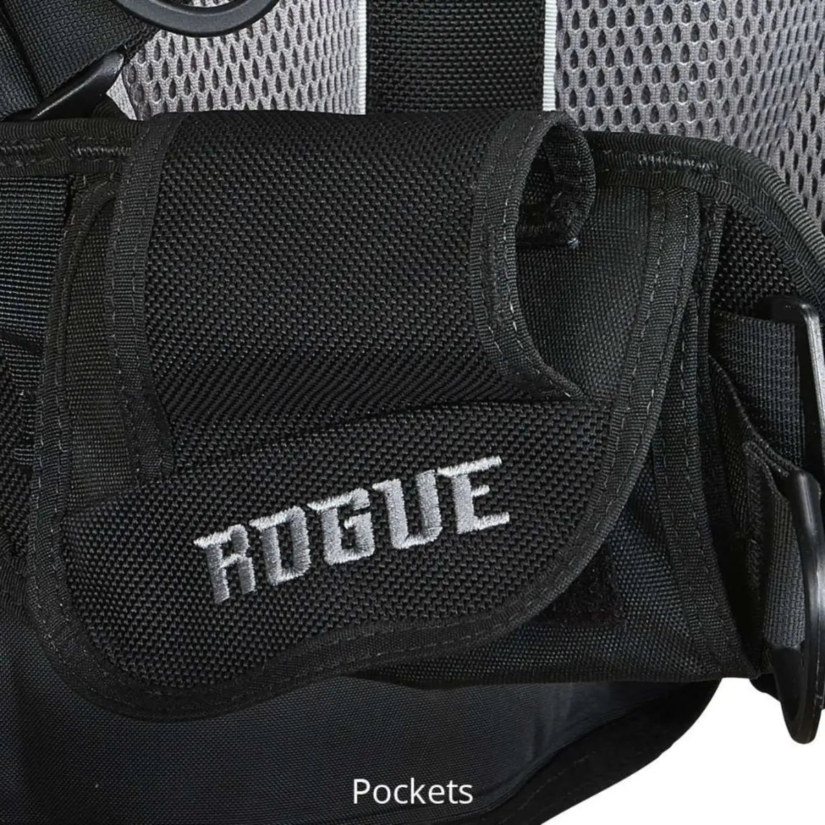 Aqua Lung Rogue buoyancy compensator weight pockets, close view of the folded pocket flap and grey logo