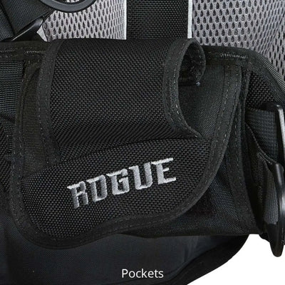 Aqua Lung Rogue buoyancy compensator weight pockets, close view of the folded pocket flap and grey logo