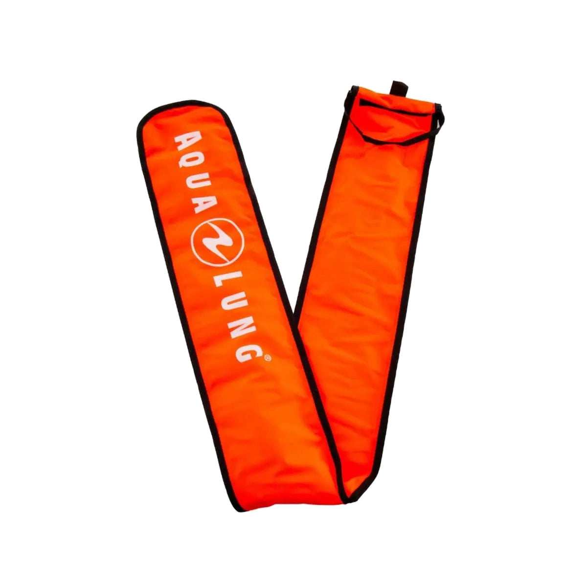 Aqua Lung surface marker buoy in orange, shown folded flat beside its open storage pouch