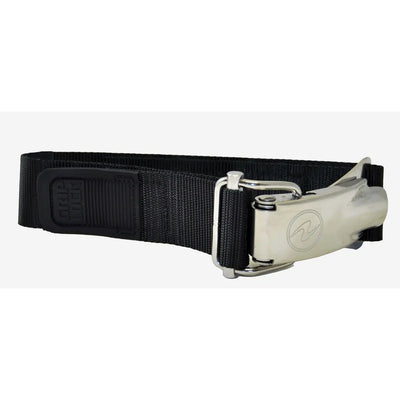 Aqua Lung tank buckle with GripLock fitted to a cylinder band, side view of the stainless cam lever and webbing