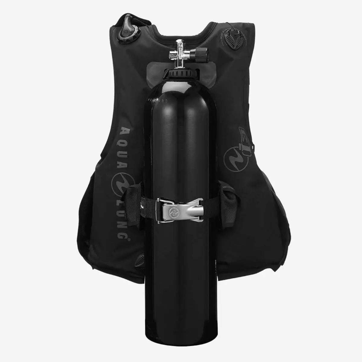 Aqua Lung tank buckle with GripLock in use, a buoyancy compensator strapped to a cylinder with the band closed
