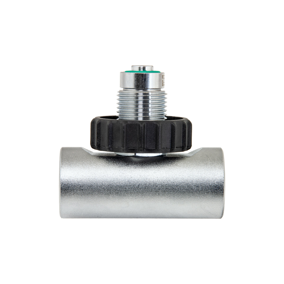 Tecline T adapter with 232 bar G5/8 male connector, black handwheel and tubular body with two female outlets