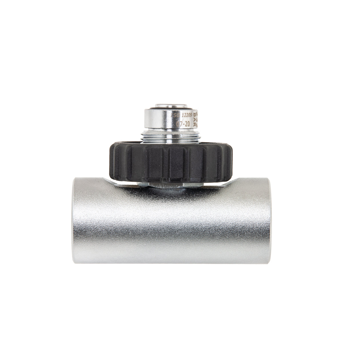 Tecline T adapter with 232 bar G5/8 male connector, black handwheel and tubular body with two female outlets