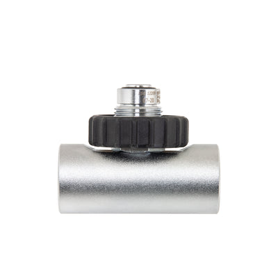 Tecline T adapter with 232 bar G5/8 male connector, black handwheel and tubular body with two female outlets